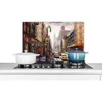 KitchenYeah Spatscherm keuken 60x40 cm - Kookplaat achterwand Schilderij - Stad - Auto - Olieverf - Muurbeschermer - Spatwand fornuis - Hoogwaardig aluminium
