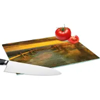KitchenYeah Glazen Snijplank - 28x20 - Zon - Strand - Duin - Horizon - Gras - Pad - Oranje - Snijplanken Glas