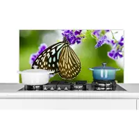 KitchenYeah Spatscherm keuken 100x50 cm - Kookplaat achterwand Lavendel - Vlinder - Botanisch - Muurbeschermer - Spatwand fornuis - Hoogwaardig aluminium