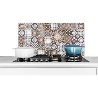 KitchenYeah Spatscherm keuken 90x45 cm - Kookplaat achterwand Patronen - Vintage - Bruin - Bloemen - vormen - Muurbeschermer - Spatwand fornuis - Hoogwaardig aluminium