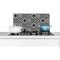 KitchenYeah Spatscherm keuken 60x30 cm - Kookplaat achterwand Retro - Tegels - Bloemen - Zwart - Wit - Muurbeschermer - Spatwand fornuis - Hoogwaardig aluminium