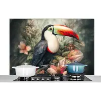 KitchenYeah Spatscherm keuken 120x80 cm - Kookplaat achterwand Toekan - Vogels - Bloemen - Planten - Tropisch - Muurbeschermer - Spatwand fornuis - Hoogwaardig aluminium