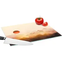 KitchenYeah Glazen Snijplank - 39x28 - Schilderij - Vogel - Bergen - Zon - Olieverf - Snijplanken Glas