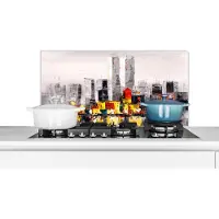 KitchenYeah Spatscherm keuken 90x45 cm - Kookplaat achterwand Schilderij - Skyline - Kleuren - Olieverf - Muurbeschermer - Spatwand fornuis - Hoogwaardig aluminium
