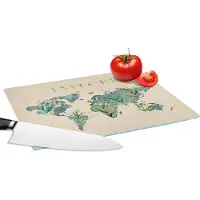 KitchenYeah Glazen Snijplank - 28x20 - Wereldkaart - Planten - Turquoise - Snijplanken Glas