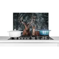 KitchenYeah Spatscherm keuken 60x40 cm - Kookplaat achterwand Hert - Dieren - Winter - Gewei - Sneeuw - Natuur - Muurbeschermer - Spatwand fornuis - Hoogwaardig aluminium