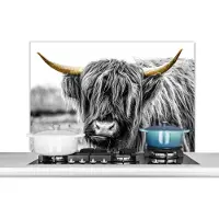 KitchenYeah Spatscherm keuken 100x65 cm - Kookplaat achterwand Schotse hooglander - Hoorns - Goud - Zwart - Muurbeschermer - Spatwand fornuis - Hoogwaardig aluminium