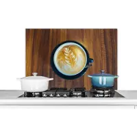 KitchenYeah Spatscherm keuken 90x60 cm - Kookplaat achterwand Koffie - Tafel - Hout - Muurbeschermer - Spatwand fornuis - Hoogwaardig aluminium