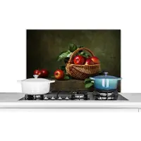 KitchenYeah Spatscherm keuken 90x60 cm - Kookplaat achterwand Rustiek - Appel - Fruit - Rood - Mand - Stilleven - Muurbeschermer - Spatwand fornuis - Hoogwaardig aluminium