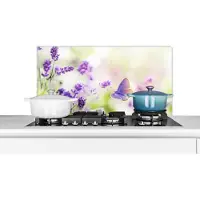 KitchenYeah Spatscherm keuken 80x40 cm - Kookplaat achterwand Lavendel - Vlinder - Bloemen - Natuur - Muurbeschermer - Spatwand fornuis - Hoogwaardig aluminium