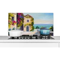 KitchenYeah Spatscherm keuken 100x50 cm - Kookplaat achterwand Schilderij - Huis - Olieverf - Dorp - Muurbeschermer - Spatwand fornuis - Hoogwaardig aluminium