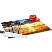 KitchenYeah Glazen Snijplank - 39x28 - Strand - Horizon - Zonsondergang - Palmboom - Zee - Snijplanken Glas