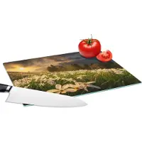 KitchenYeah Glazen Snijplank - 28x20 - Bloemenveld - Heuvels - Zonsondergang - Berg - Natuur - Wit - Heuvels - Snijplanken Glas