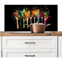KitchenYeah Spatscherm keuken 100x50 cm - Kookplaat achterwand Lepels - Kruiden - Modern - Graffiti - Verf - Kleurrijk - Muurbeschermer - Spatwand fornuis - Hoogwaardig aluminium