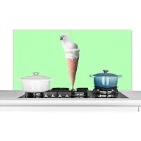 KitchenYeah Spatscherm keuken 120x60 cm - Kookplaat achterwand Papegaai - IJshoorntjes - IJs - Wit - Groen - Muurbeschermer - Spatwand fornuis - Hoogwaardig aluminium