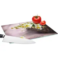 KitchenYeah Glazen Snijplank - 28x20 - Bloemen - Mand - Wit - Snijplanken Glas