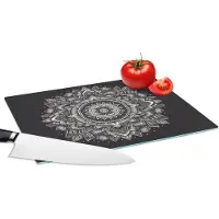 KitchenYeah Glazen Snijplank - 28x20 - Mandala - Zwart wit - Bloemen - Bohemian - Natuur - Snijplanken Glas