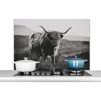 KitchenYeah Spatscherm keuken 100x65 cm - Kookplaat achterwand Schotse hooglander - Natuur - Koeien - Dieren - Zwart wit - Muurbeschermer - Spatwand fornuis - Hoogwaardig aluminium