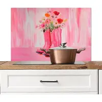 KitchenYeah Spatscherm keuken 90x60 cm - Kookplaat achterwand Roze - Bloemen - Cowboy - Muurbeschermer - Spatwand fornuis - Hoogwaardig aluminium