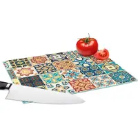 KitchenYeah Glazen Snijplank - 28x20 - Bloemen - Vintage - Patroon - Blauw - Oranje - Snijplanken Glas