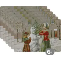 KitchenYeah Placemat - Placemats kunststof - Kerst - Sneeuw - Kerstkaart - 45x30 cm - 6 stuks - Hittebestendig - Anti-Slip - Onderlegger - Afneembaar