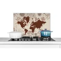 KitchenYeah Spatscherm keuken 60x40 cm - Kookplaat achterwand Wereldkaart - Bloemen - Rood - Muurbeschermer - Spatwand fornuis - Hoogwaardig aluminium