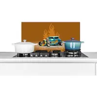 KitchenYeah Spatscherm keuken 60x30 cm - Kookplaat achterwand Auto - Geel - Vlammen - Vintage - Muurbeschermer - Spatwand fornuis - Hoogwaardig aluminium