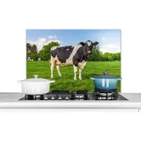 KitchenYeah Spatscherm keuken 90x60 cm - Kookplaat achterwand Koe - Gras - Dieren - Muurbeschermer - Spatwand fornuis - Hoogwaardig aluminium