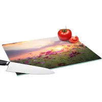 KitchenYeah Glazen Snijplank - 39x28 - Zonsondergang - Bloemen - Roze - Natuur - Groen - Snijplanken Glas