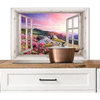 KitchenYeah Spatscherm keuken 90x60 cm - Kookplaat achterwand Bergen - Landschap - Doorkijk - Bloemen - Avond - Roze - Muurbeschermer - Spatwand fornuis - Hoogwaardig aluminium