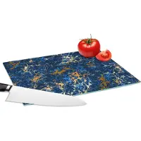 KitchenYeah Glazen Snijplank - 28x20 - Marmer - Textuur - Goud - Blauw - Snijplanken Glas