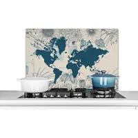 KitchenYeah Spatscherm keuken 90x60 cm - Kookplaat achterwand Wereldkaart - Blauw - Bloemen - Muurbeschermer - Spatwand fornuis - Hoogwaardig aluminium