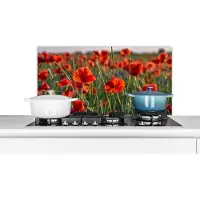 KitchenYeah Spatscherm keuken 90x45 cm - Kookplaat achterwand Bloemen - Klaprozen - Natuur - Rood - Muurbeschermer - Spatwand fornuis - Hoogwaardig aluminium
