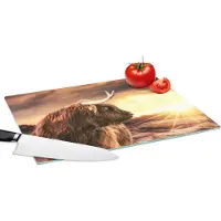 KitchenYeah Glazen Snijplank - 39x28 - Schotse hooglander - Zon - Horizon - Koe - Dieren - Snijplanken Glas