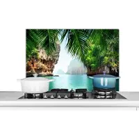 KitchenYeah Spatscherm keuken 80x55 cm - Kookplaat achterwand Zee - Palmboom - Berg - Tropisch - Muurbeschermer - Spatwand fornuis - Hoogwaardig aluminium