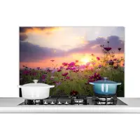 KitchenYeah Spatscherm keuken 100x65 cm - Kookplaat achterwand Zonsondergang - Bloemen - Roze - Natuur - Groen - Muurbeschermer - Spatwand fornuis - Hoogwaardig aluminium