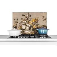 KitchenYeah Spatscherm keuken 70x50 cm - Kookplaat achterwand Bloemen - Oude Meesters - Geel - Muurbeschermer - Spatwand fornuis - Hoogwaardig aluminium