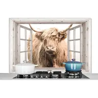 KitchenYeah Spatscherm keuken 120x80 cm - Kookplaat achterwand Schotse hooglander - Raam - Mist - Doorkijk - Muurbeschermer - Spatwand fornuis - Hoogwaardig aluminium