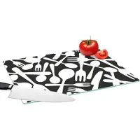 KitchenYeah Glazen Snijplank - 39x28 - Bestek - Patronen - Zwart Wit - Snijplanken Glas
