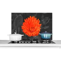 KitchenYeah Spatscherm keuken 90x60 cm - Kookplaat achterwand Bloemen - Oranje - Zwart - Wit - Muurbeschermer - Spatwand fornuis - Hoogwaardig aluminium