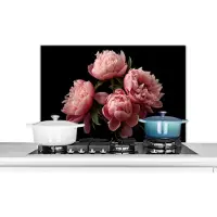 KitchenYeah Spatscherm keuken 80x55 cm - Kookplaat achterwand Bloemen - Pioenroos - Roze - Botanisch - Natuur - Muurbeschermer - Spatwand fornuis - Hoogwaardig aluminium