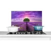 KitchenYeah Spatscherm keuken - Lavendel - Boom - Zon - Bloemen - Paars - Keuken decoratie - Spatwand kookplaat - 70x50 cm - Muurbeschermer - Achterwand keuken