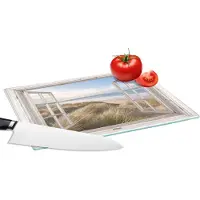 KitchenYeah Glazen Snijplank - 28x20 - Doorkijk - Strand - Zee - Duinen - Helmgras - Zand - Blauw - Snijplanken Glas