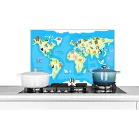 KitchenYeah Spatscherm keuken 60x40 cm - Kookplaat achterwand Wereldkaart - Kind - Dieren - Blauw - Jongens - Meisjes - Muurbeschermer - Spatwand fornuis - Hoogwaardig aluminium