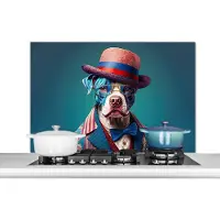 KitchenYeah Spatscherm keuken 100x65 cm - Kookplaat achterwand Hond - Hoed - Colbert - Bloemen - Blauw - Muurbeschermer - Spatwand fornuis - Hoogwaardig aluminium
