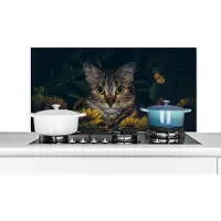 KitchenYeah Spatscherm keuken 100x50 cm - Kookplaat achterwand Kat - Geel - Bloemen - Botanisch - Muurbeschermer - Spatwand fornuis - Hoogwaardig aluminium