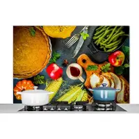 KitchenYeah Spatscherm keuken 120x80 cm - Kookplaat achterwand Groente - Kruiden - Bestek - Taart - Muurbeschermer - Spatwand fornuis - Hoogwaardig aluminium
