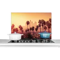 KitchenYeah Spatscherm keuken 90x60 cm - Kookplaat achterwand Palmboom - Skyline - Zonsondergang - Architectuur - Muurbeschermer - Spatwand fornuis - Hoogwaardig aluminium