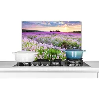 KitchenYeah Spatscherm keuken 60x40 cm - Kookplaat achterwand Bloemen - Lavendel - Paars - Lucht - Zonsondergang - Weide - Natuur - Muurbeschermer - Spatwand fornuis - Hoogwaardig aluminium