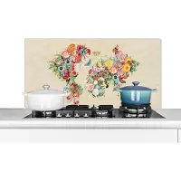 KitchenYeah Spatscherm keuken 100x50 cm - Kookplaat achterwand Kaart - Bloemen - Vintage papier - Muurbeschermer - Spatwand fornuis - Hoogwaardig aluminium